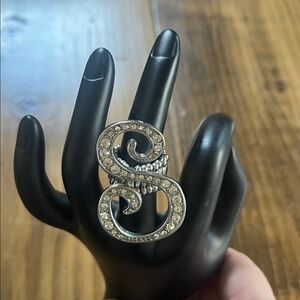 Sparkling S Initial Script Ring Rhinestone Silver Tone Statement Ring Women